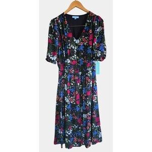 Draper James  Dress Womens Sl Blue Floral Multi Mettalic Ruffle Sleeve Midi NWT